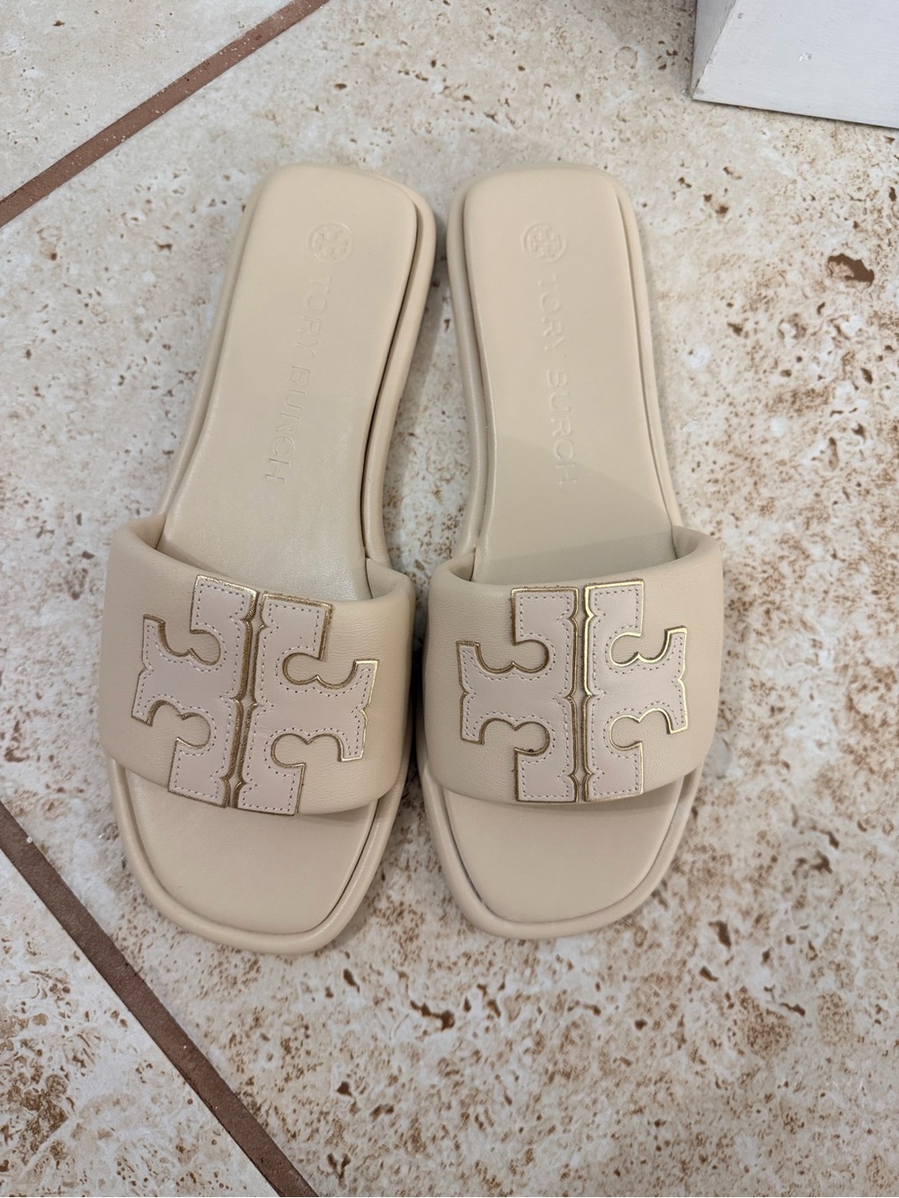 Tory Burch Neutral Cream Logo Slide Sandals